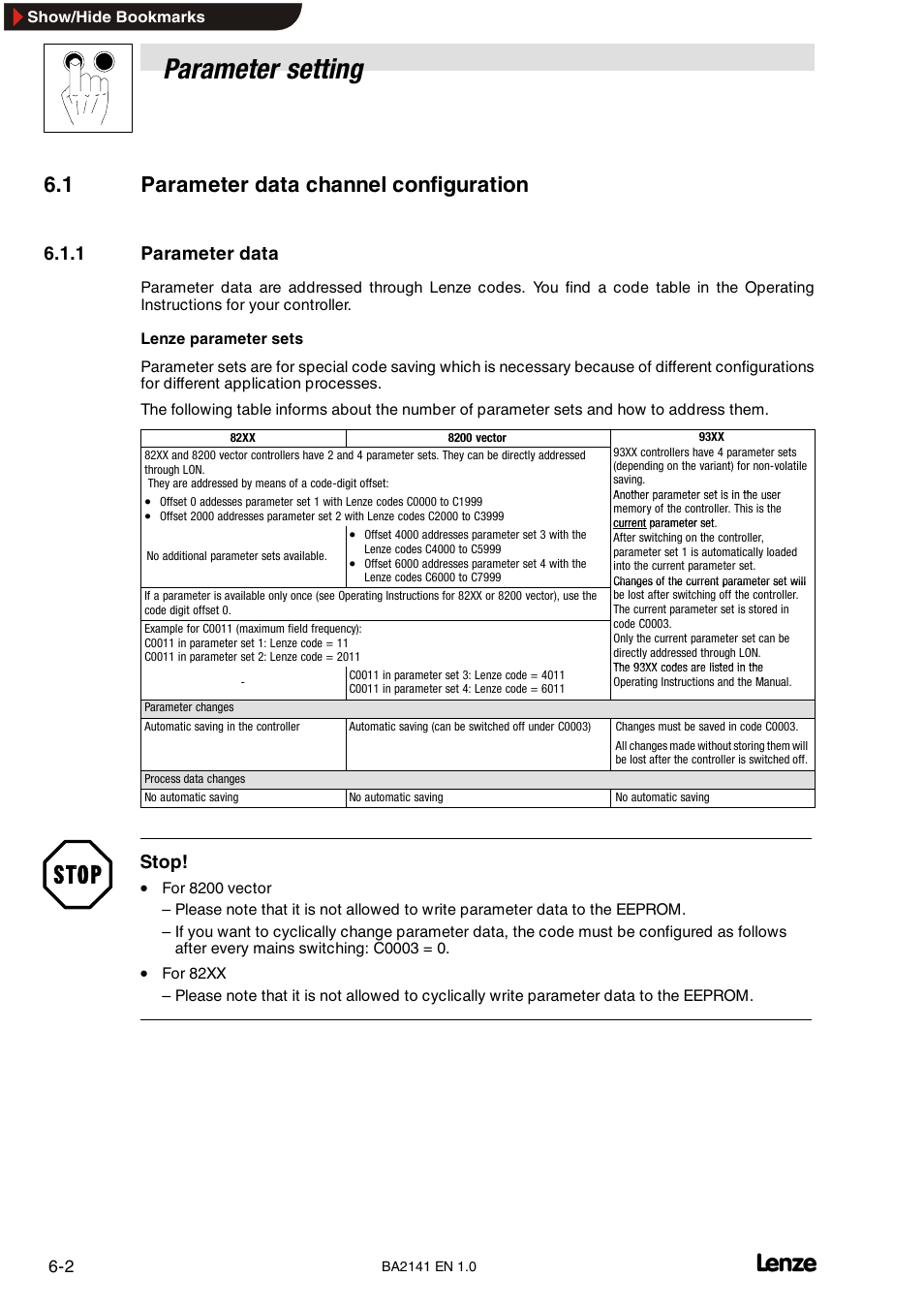 1 parameter data channel configuration, 1 parameter data, 2 overview:network variable for vsd control | 3 overview:network variable for aif-ctrl control, Parameter data, Overview: network variable for vsd control, Overview: network variable for aif-ctrl control, Parameter setting, Stop | Lenze EMF2141IB User Manual | Page 24 / 90