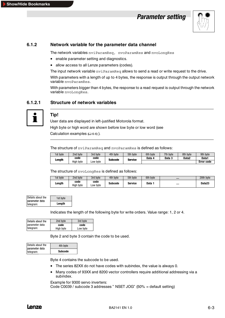 2 network variable for the parameter data channel, 1 structure of network variables, 4 overview:configuration variable for vsd control | Network variable for the parameter data channel, Structure of network variables, Overview: configuration variable for vsd control, Parameter setting, 1 structure of network variables tip | Lenze EMF2141IB User Manual | Page 25 / 90