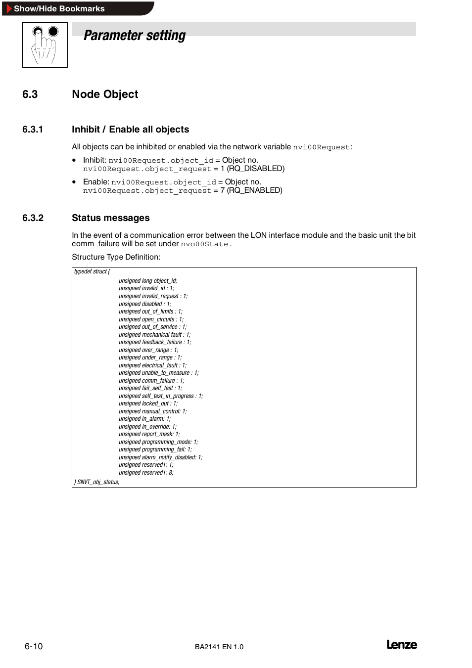 6 operating time, Operating time, Parameter setting | 3 node object | Lenze EMF2141IB User Manual | Page 32 / 90