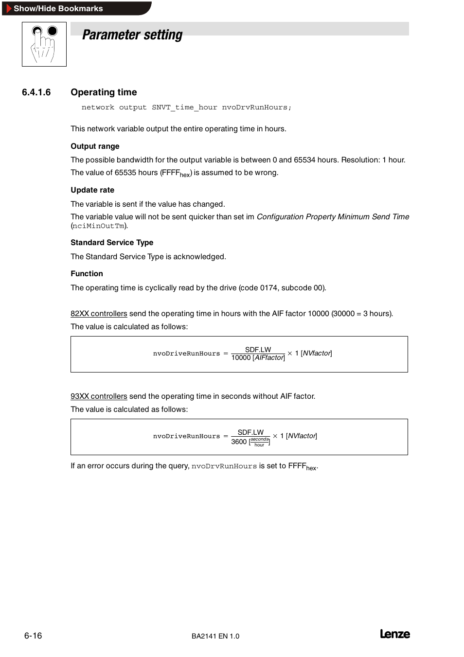 6 minimum speed, Minimum speed, Parameter setting | 6 operating time | Lenze EMF2141IB User Manual | Page 38 / 90