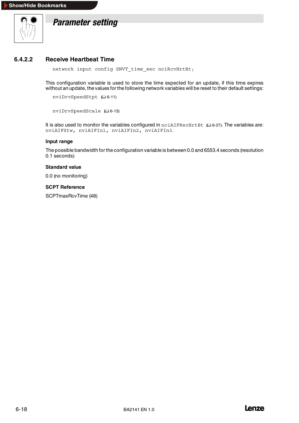 8 rated frequency, Rated frequency, Parameter setting | 2 receive heartbeat time | Lenze EMF2141IB User Manual | Page 40 / 90