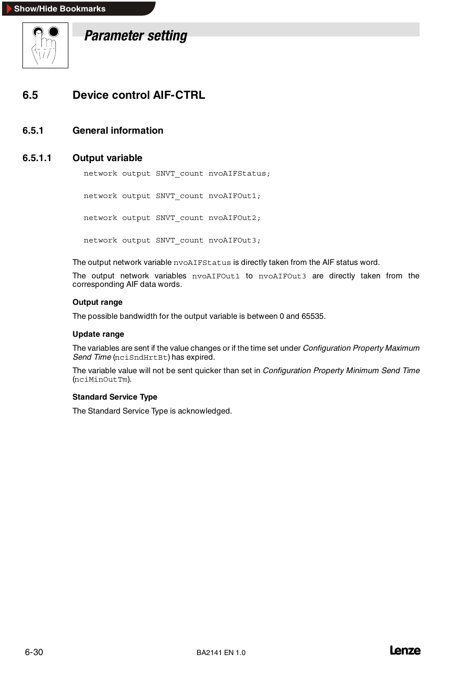 3 network variable for 8200 vector controllers, Network variable for 8200 vector controllers, Parameter setting | 5 device control aif-ctrl | Lenze EMF2141IB User Manual | Page 52 / 90