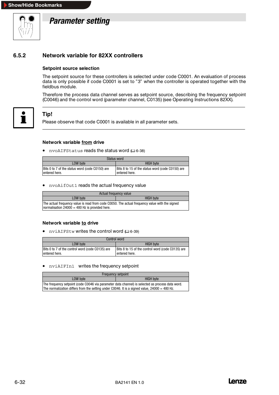 1 status word for 8200 vector, Status word for 8200 vector, Parameter setting | 2 network variable for 82xx controllers | Lenze EMF2141IB User Manual | Page 54 / 90