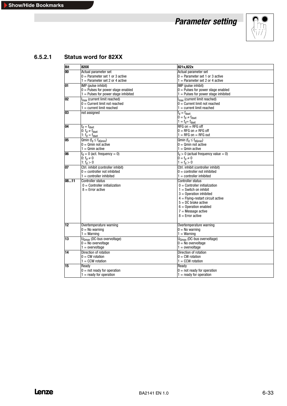 2 control word for 8200 vector, Control word for 8200 vector, Parameter setting | 1 status word for 82xx, Show/hide bookmarks | Lenze EMF2141IB User Manual | Page 55 / 90