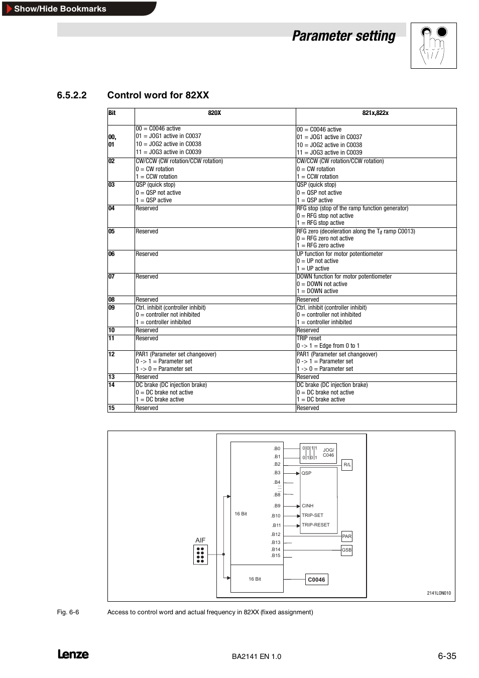 4 network variable for 93xx controllers, Network variable for 93xx controllers, Parameter setting | 2 control word for 82xx, Show/hide bookmarks | Lenze EMF2141IB User Manual | Page 57 / 90