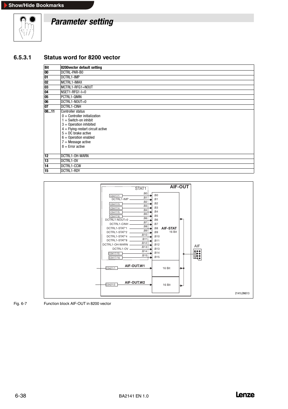 Parameter setting, Show/hide bookmarks, Aif-out | Lenze EMF2141IB User Manual | Page 60 / 90