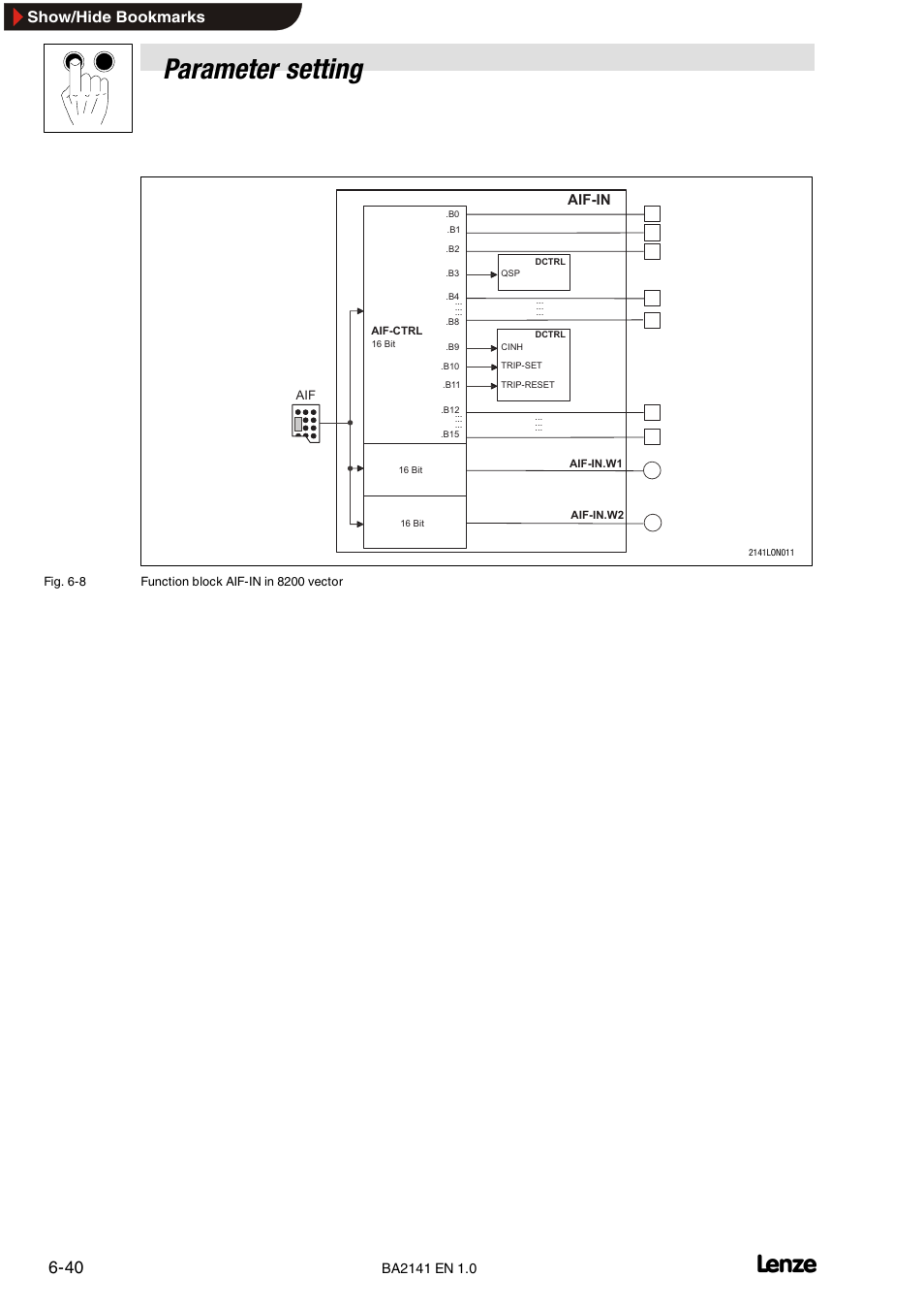 2 control word for 93xx, Control word for 93xx, Parameter setting | Show/hide bookmarks, Aif-in | Lenze EMF2141IB User Manual | Page 62 / 90