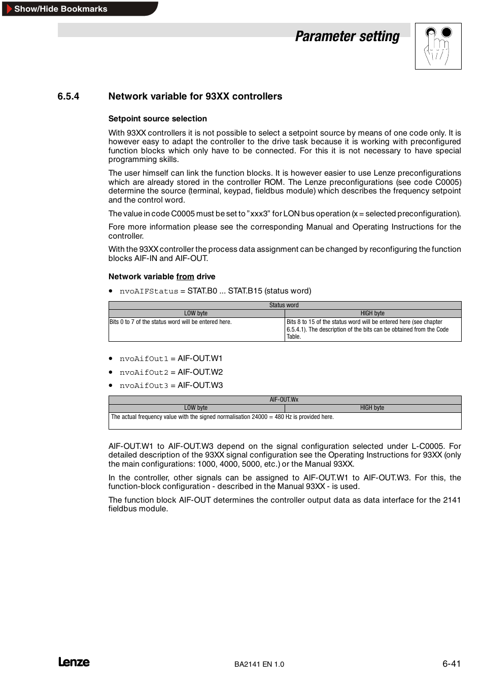 Parameter setting, 4 network variable for 93xx controllers | Lenze EMF2141IB User Manual | Page 63 / 90