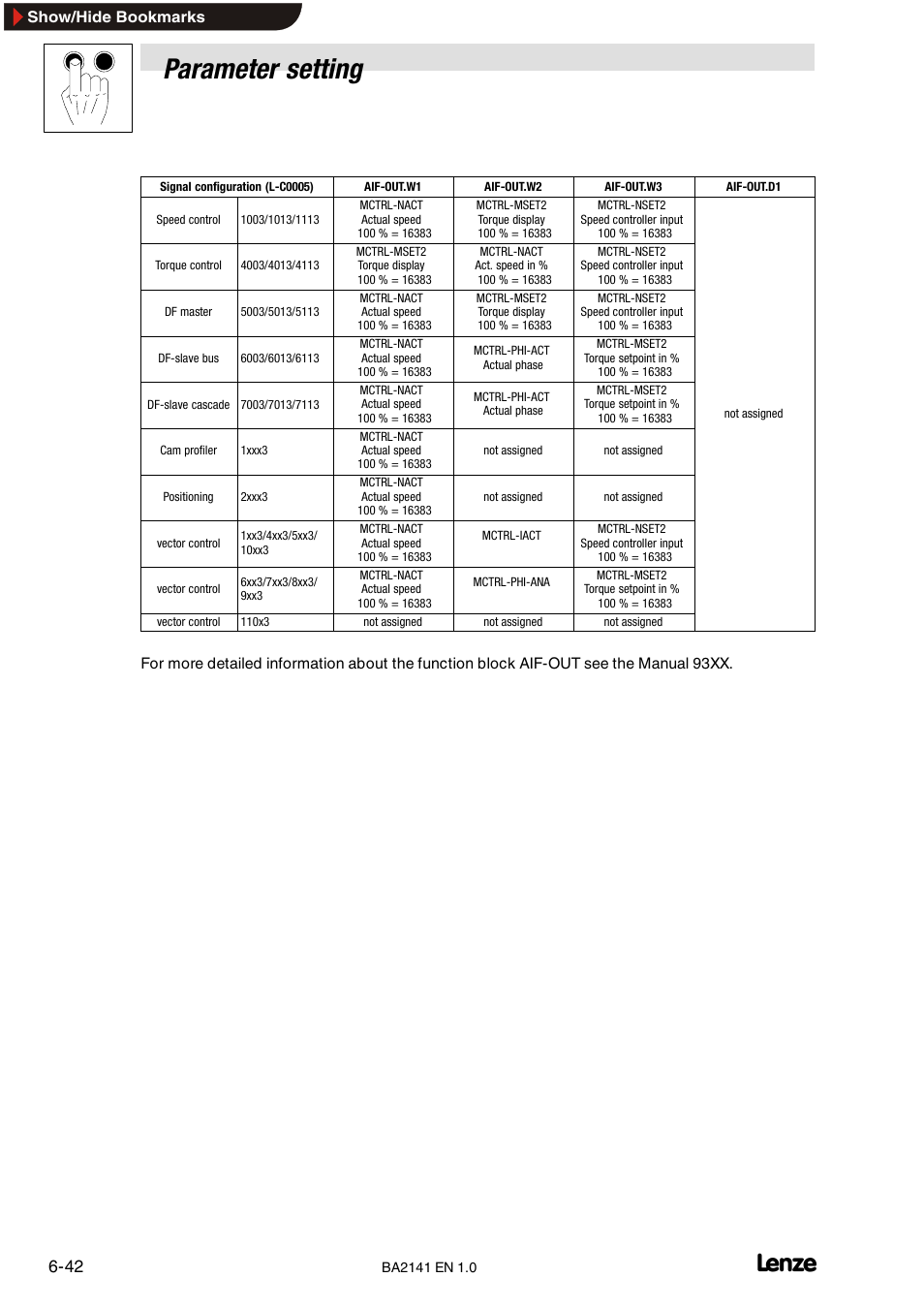 Network variable for 9300 servo plc and drive plc, Parameter setting, Show/hide bookmarks | Lenze EMF2141IB User Manual | Page 64 / 90