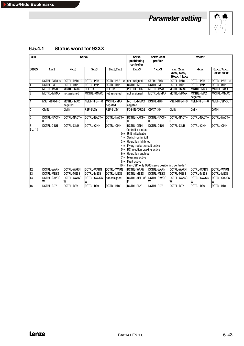 Parameter setting, 1 status word for 93xx, Show/hide bookmarks | Lenze EMF2141IB User Manual | Page 65 / 90