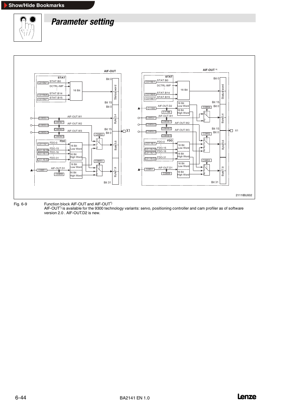 Parameter setting, Show/hide bookmarks, Fig. 6-9 function block aif-out and aif-out | Aif-out | Lenze EMF2141IB User Manual | Page 66 / 90