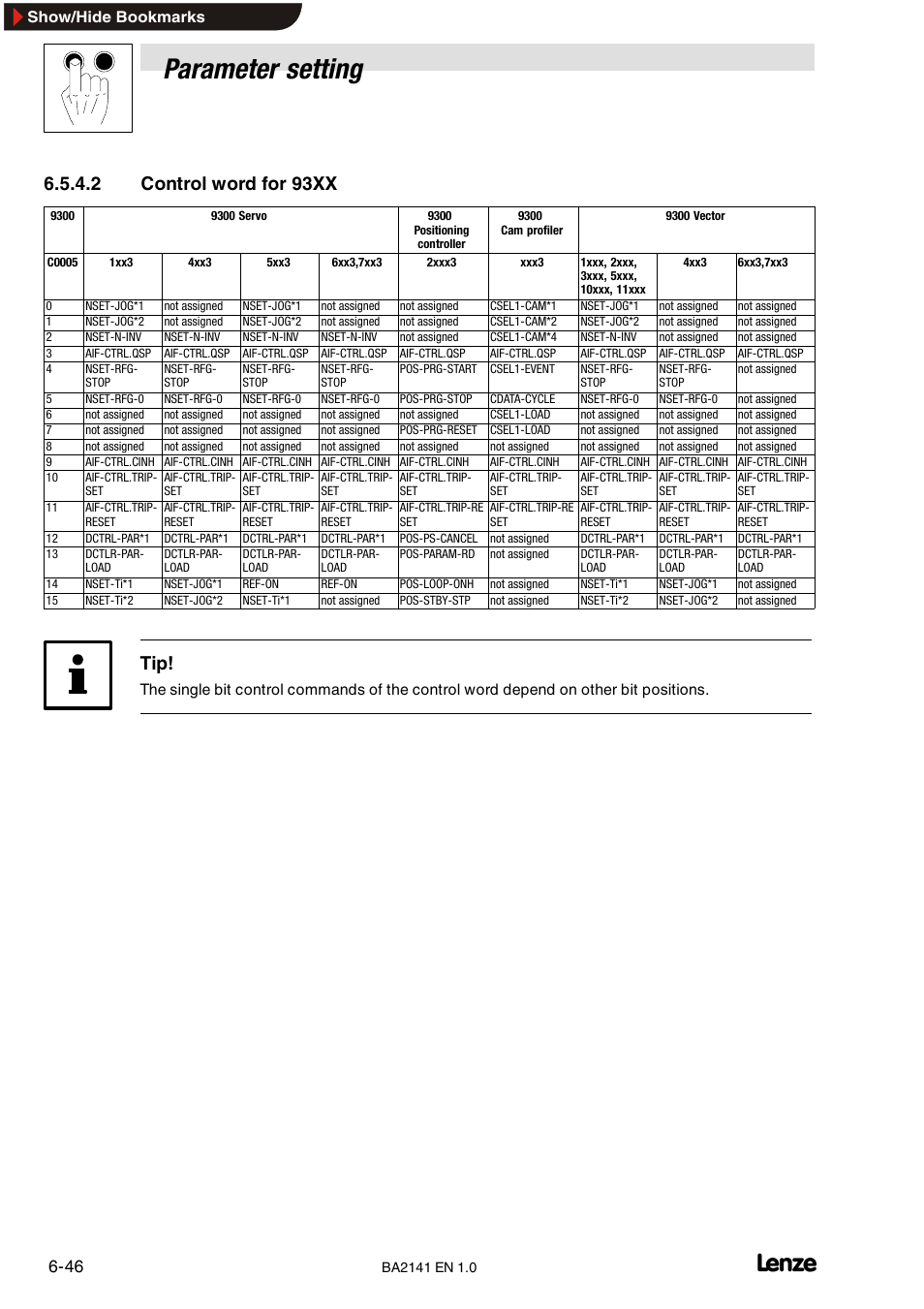Parameter setting, 2 control word for 93xx, Show/hide bookmarks | Lenze EMF2141IB User Manual | Page 68 / 90