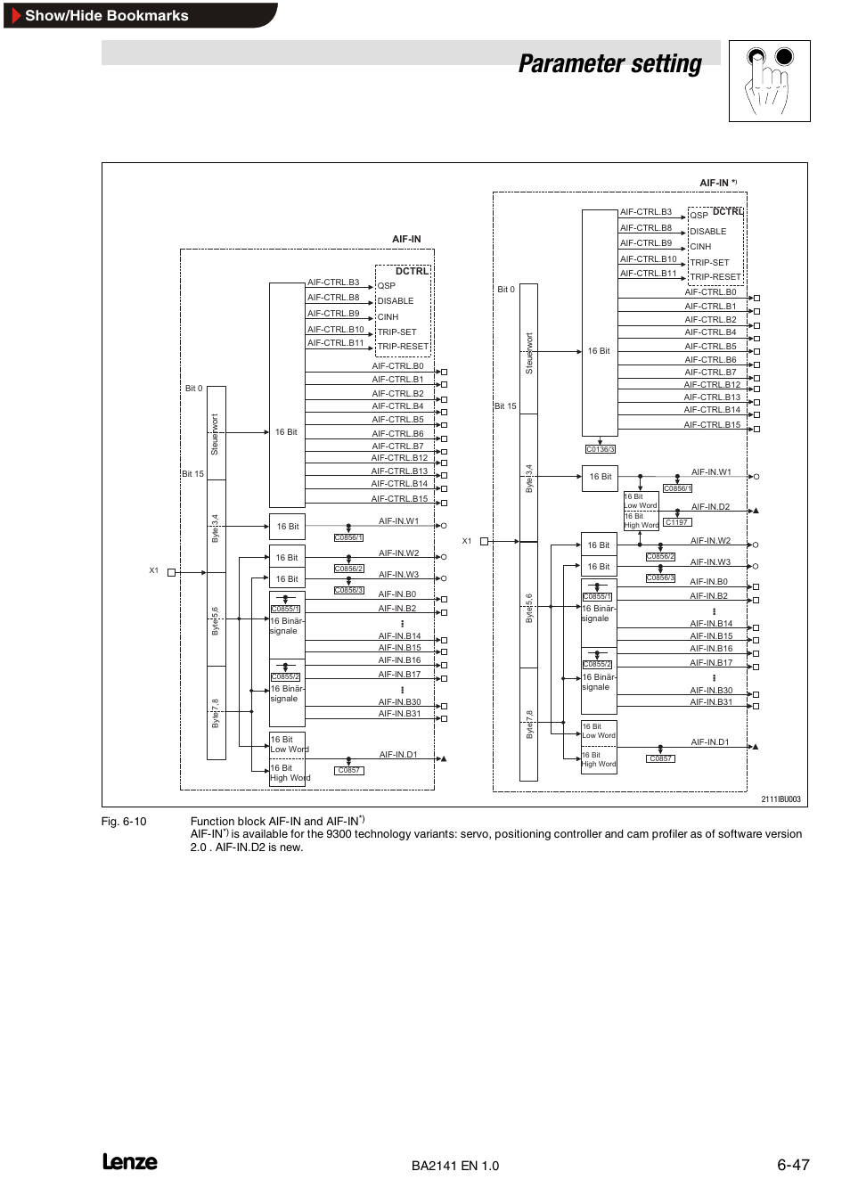Parameter setting, Show/hide bookmarks | Lenze EMF2141IB User Manual | Page 69 / 90