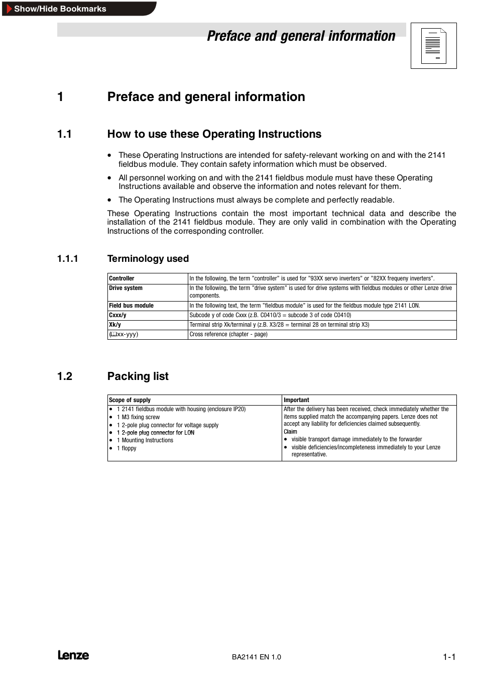1 preface and general information, 1 how to use these operating instructions, 1 terminology used | 2 packing list, Terminology used, Preface and general information, 1preface and general information | Lenze EMF2141IB User Manual | Page 7 / 90