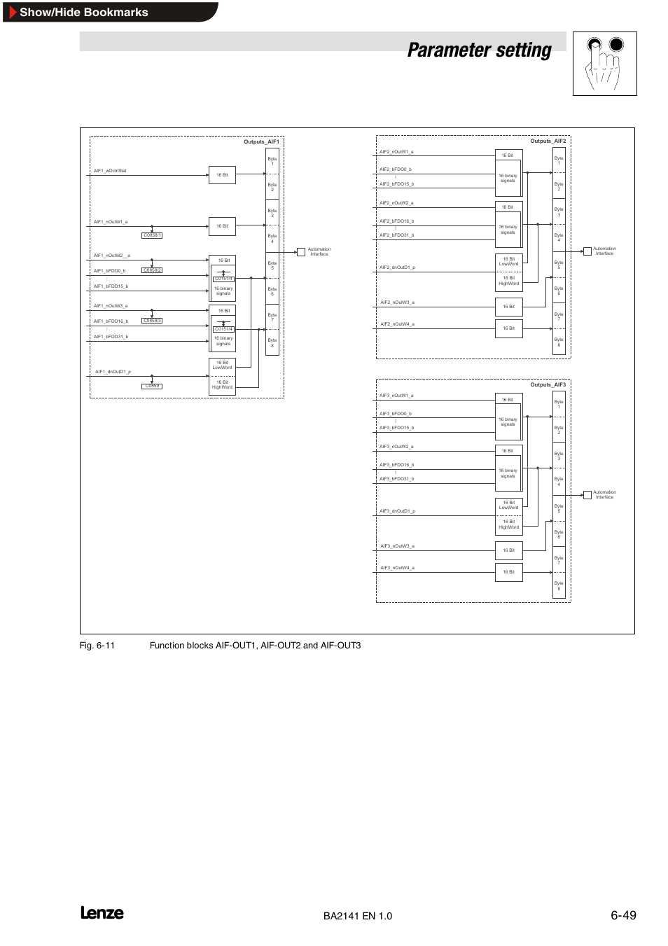 Parameter setting, Show/hide bookmarks | Lenze EMF2141IB User Manual | Page 71 / 90