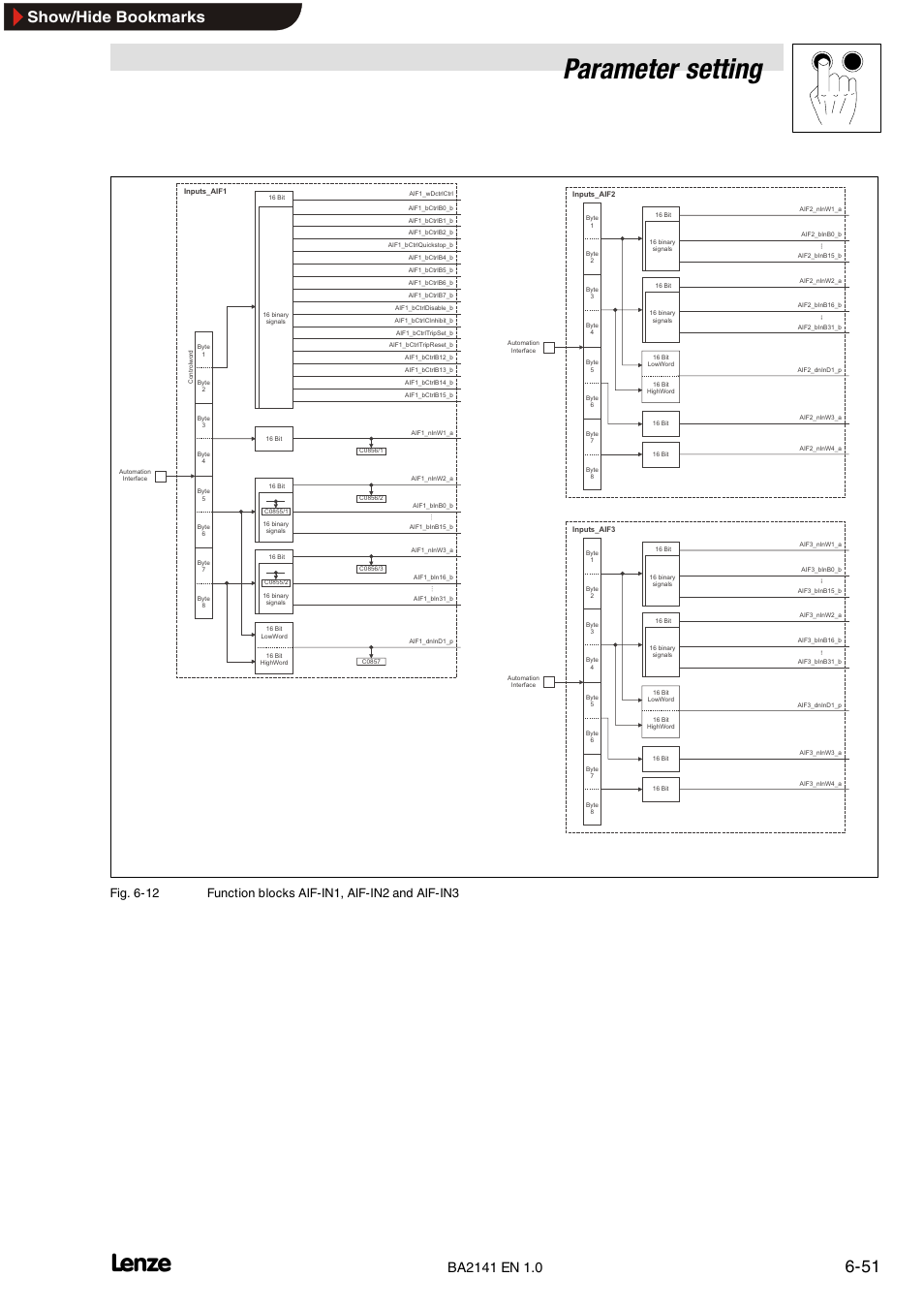 Parameter setting, Show/hide bookmarks | Lenze EMF2141IB User Manual | Page 73 / 90