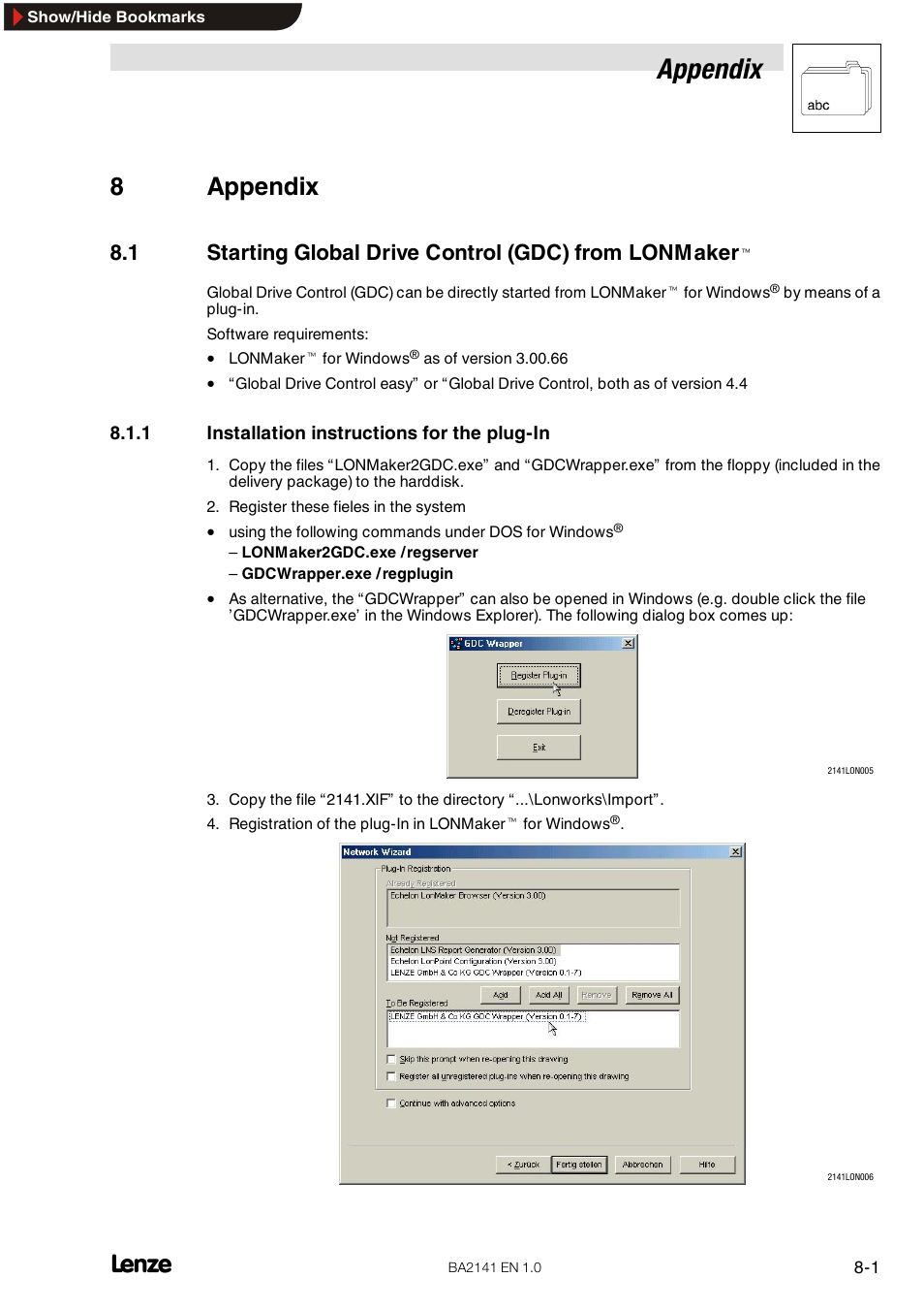8 appendix, 1 installation instructions for the plug-in, Installation instructions for the plug-in | Appendix, 8appendix | Lenze EMF2141IB User Manual | Page 77 / 90