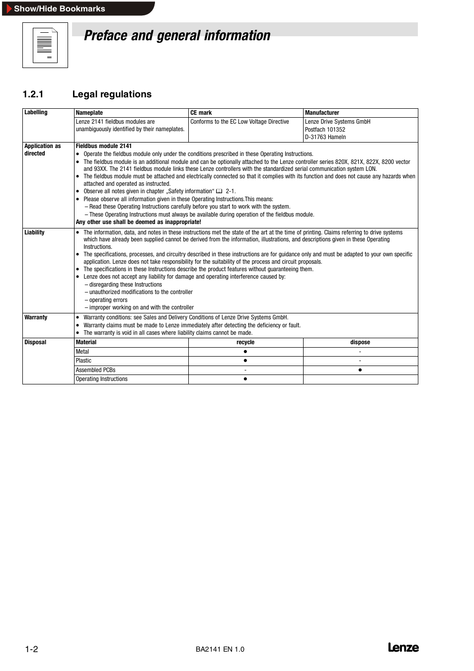 1 legal regulations, Legal regulations, Preface and general information | Lenze EMF2141IB User Manual | Page 8 / 90