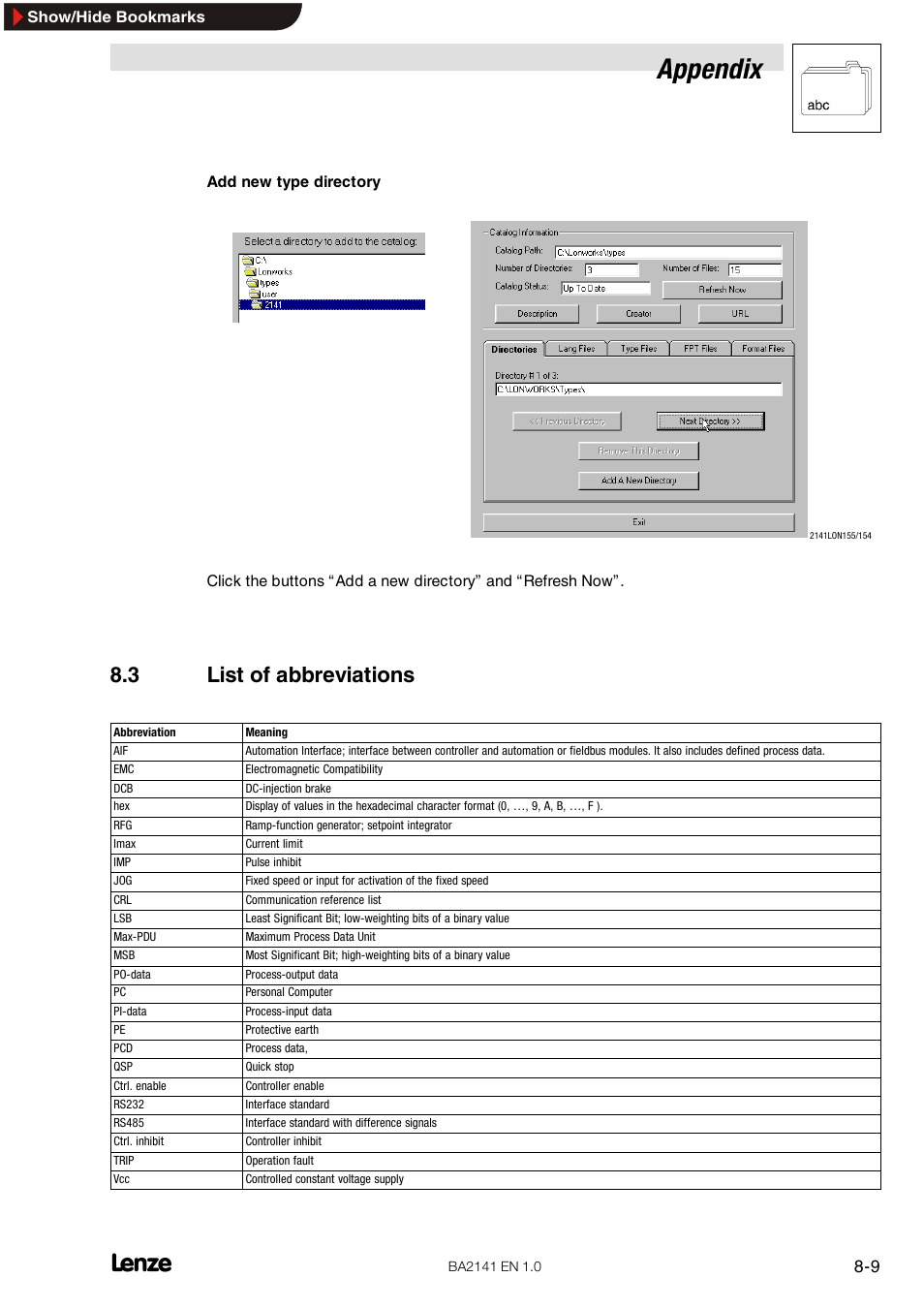 3 list of abbreviations, Appendix | Lenze EMF2141IB User Manual | Page 85 / 90