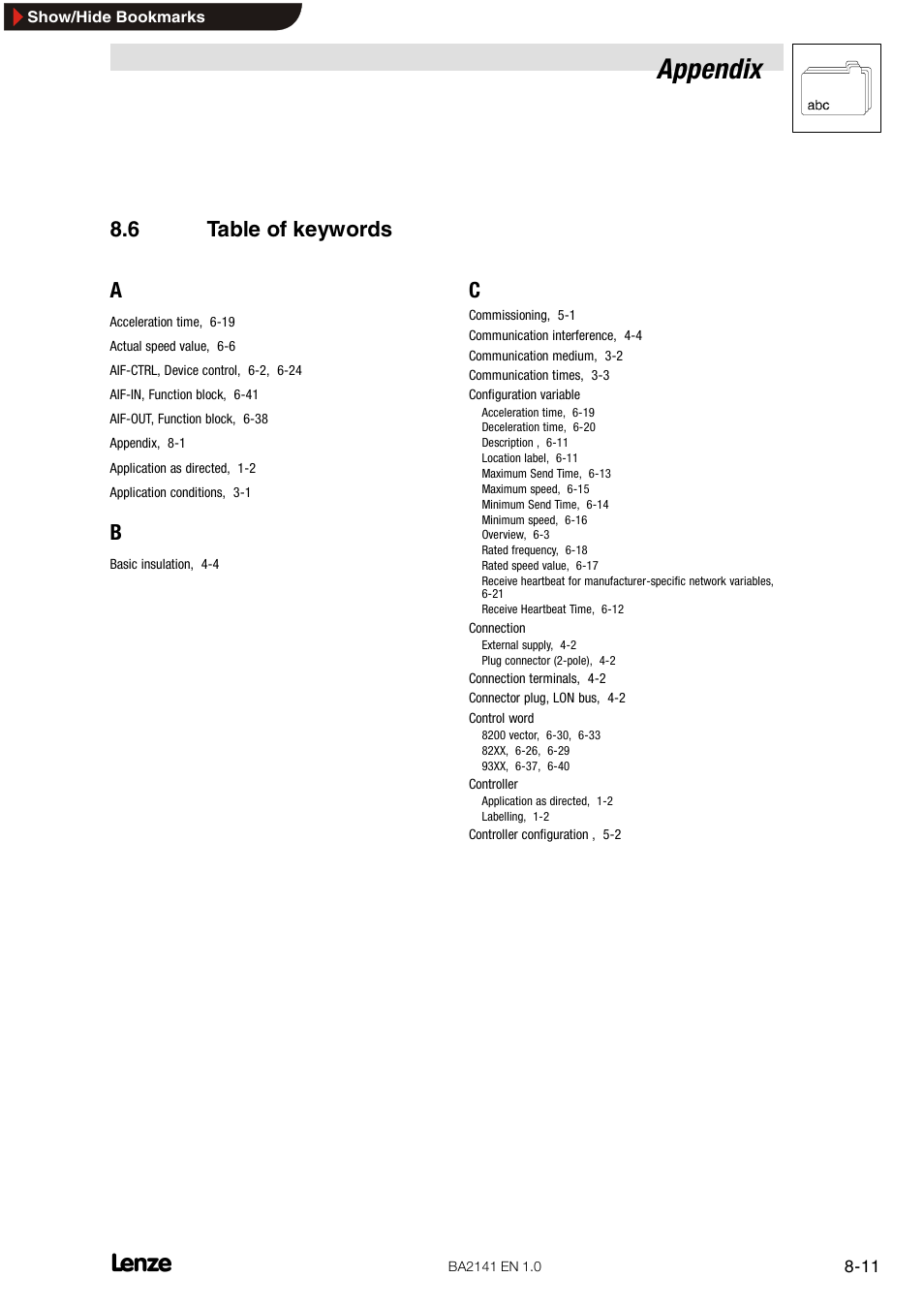 6 table of keywords, Appendix, 6 table of keywords a | Lenze EMF2141IB User Manual | Page 87 / 90