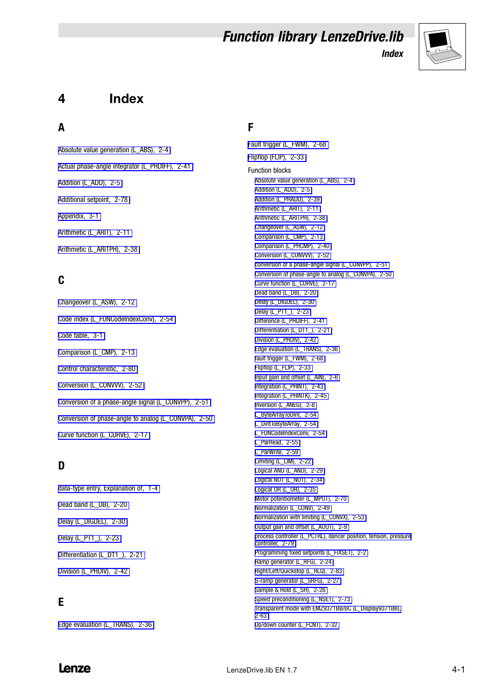 4 index, Function library lenzedrive.lib, 4index | Index | Lenze DDS Function library Drive User Manual | Page 101 / 103