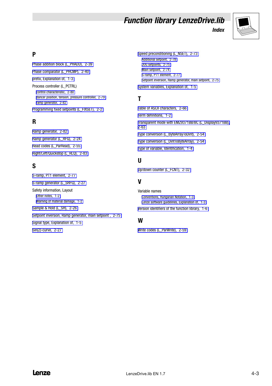 Function library lenzedrive.lib, Index | Lenze DDS Function library Drive User Manual | Page 103 / 103