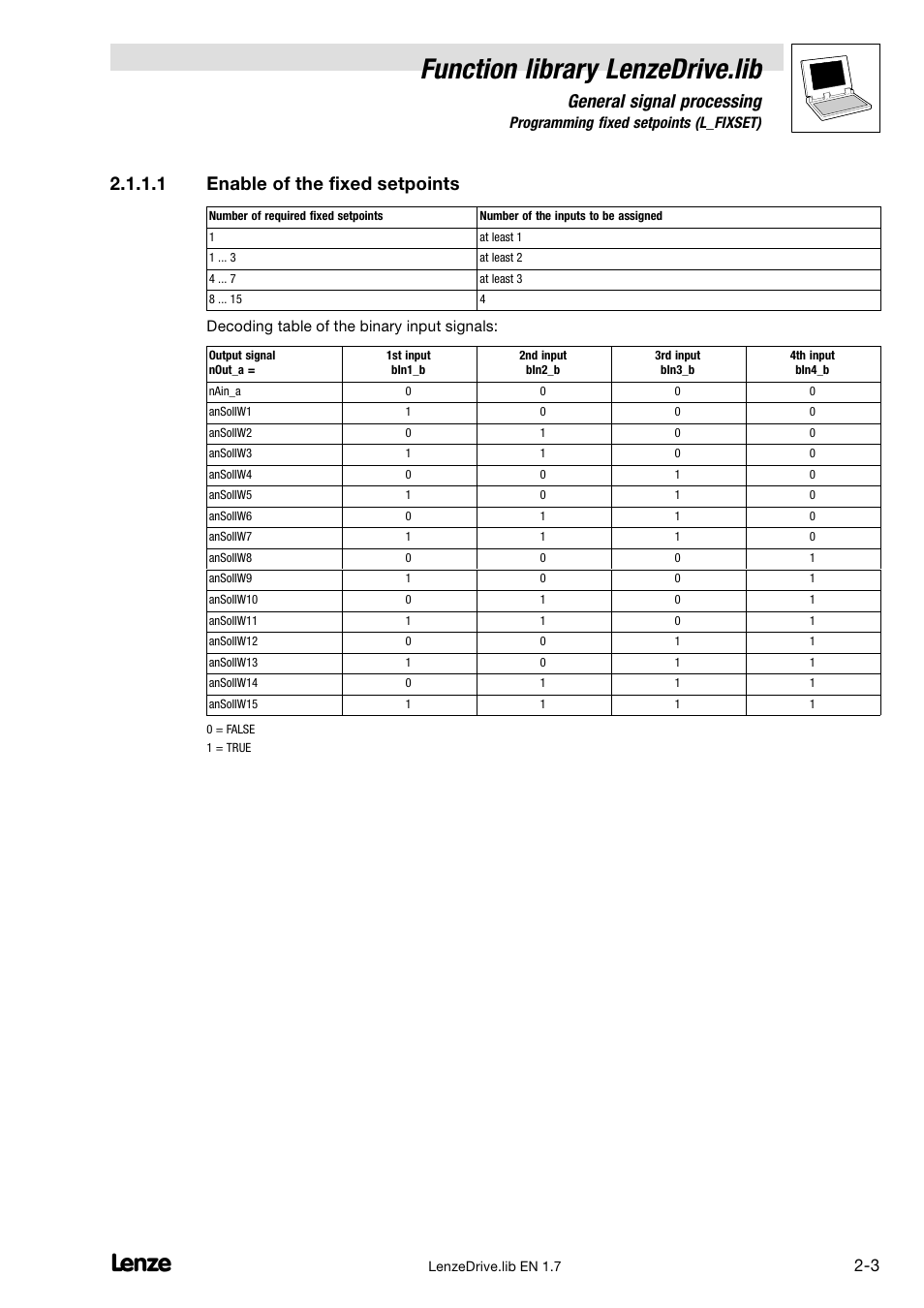 Function library lenzedrive.lib, General signal processing, 1 enable of the fixed setpoints | Lenze DDS Function library Drive User Manual | Page 13 / 103