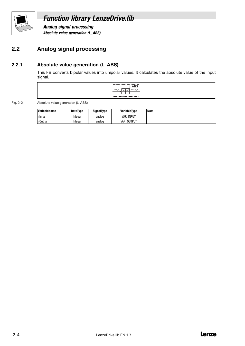 2 analog signal processing, 1 absolute value generation (l_abs), Analog signal processing | Absolute value generation (l_abs), Function library lenzedrive.lib | Lenze DDS Function library Drive User Manual | Page 14 / 103