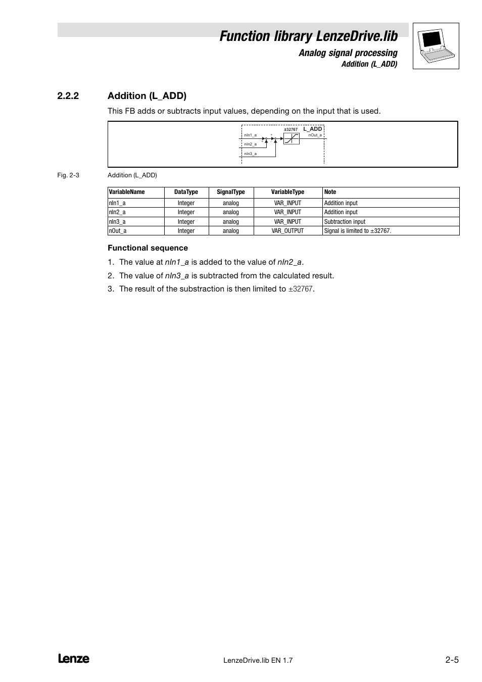 2 addition (l_add), Addition (l_add), Function library lenzedrive.lib | Analog signal processing | Lenze DDS Function library Drive User Manual | Page 15 / 103