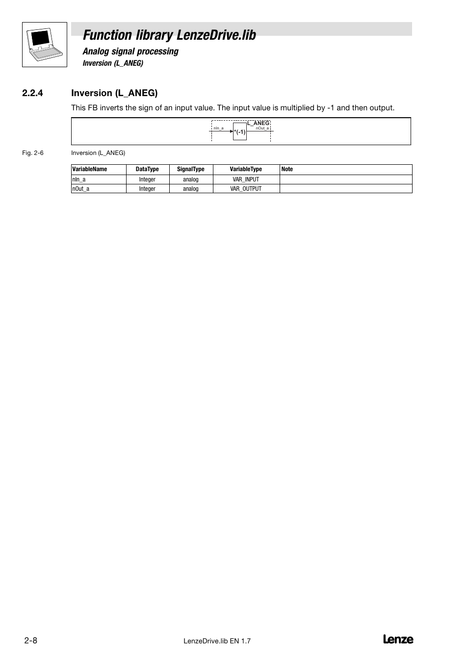 4 inversion (l_aneg), Inversion (l_aneg), Function library lenzedrive.lib | Analog signal processing | Lenze DDS Function library Drive User Manual | Page 18 / 103