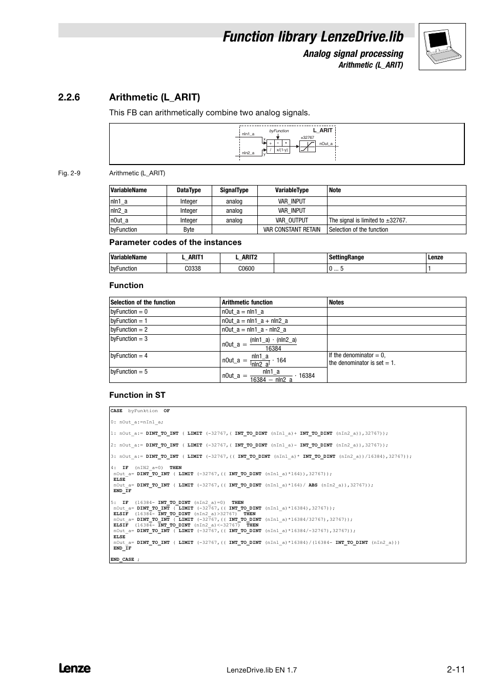 6 arithmetic (l_arit), Arithmetic (l_arit), Function library lenzedrive.lib | Analog signal processing, Parameter codes of the instances, Function, Function in st | Lenze DDS Function library Drive User Manual | Page 21 / 103