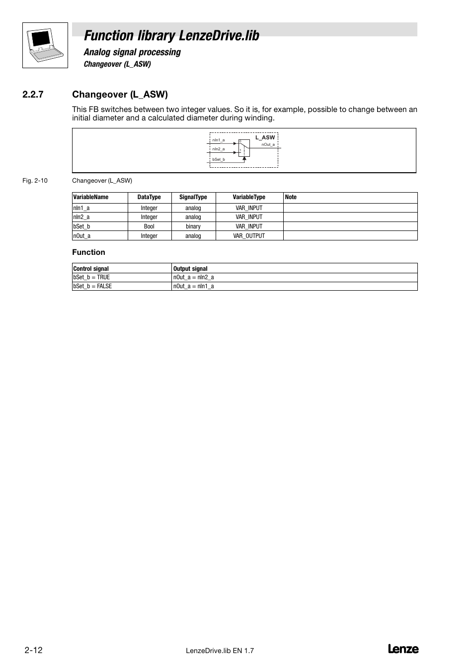 7 changeover (l_asw), Changeover (l_asw), Function library lenzedrive.lib | Analog signal processing | Lenze DDS Function library Drive User Manual | Page 22 / 103