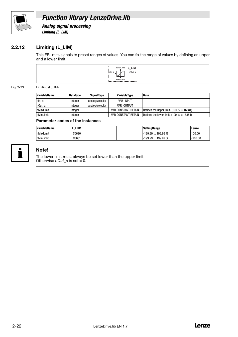 12 limiting (l_lim), Limiting (l_lim), Function library lenzedrive.lib | Analog signal processing | Lenze DDS Function library Drive User Manual | Page 32 / 103