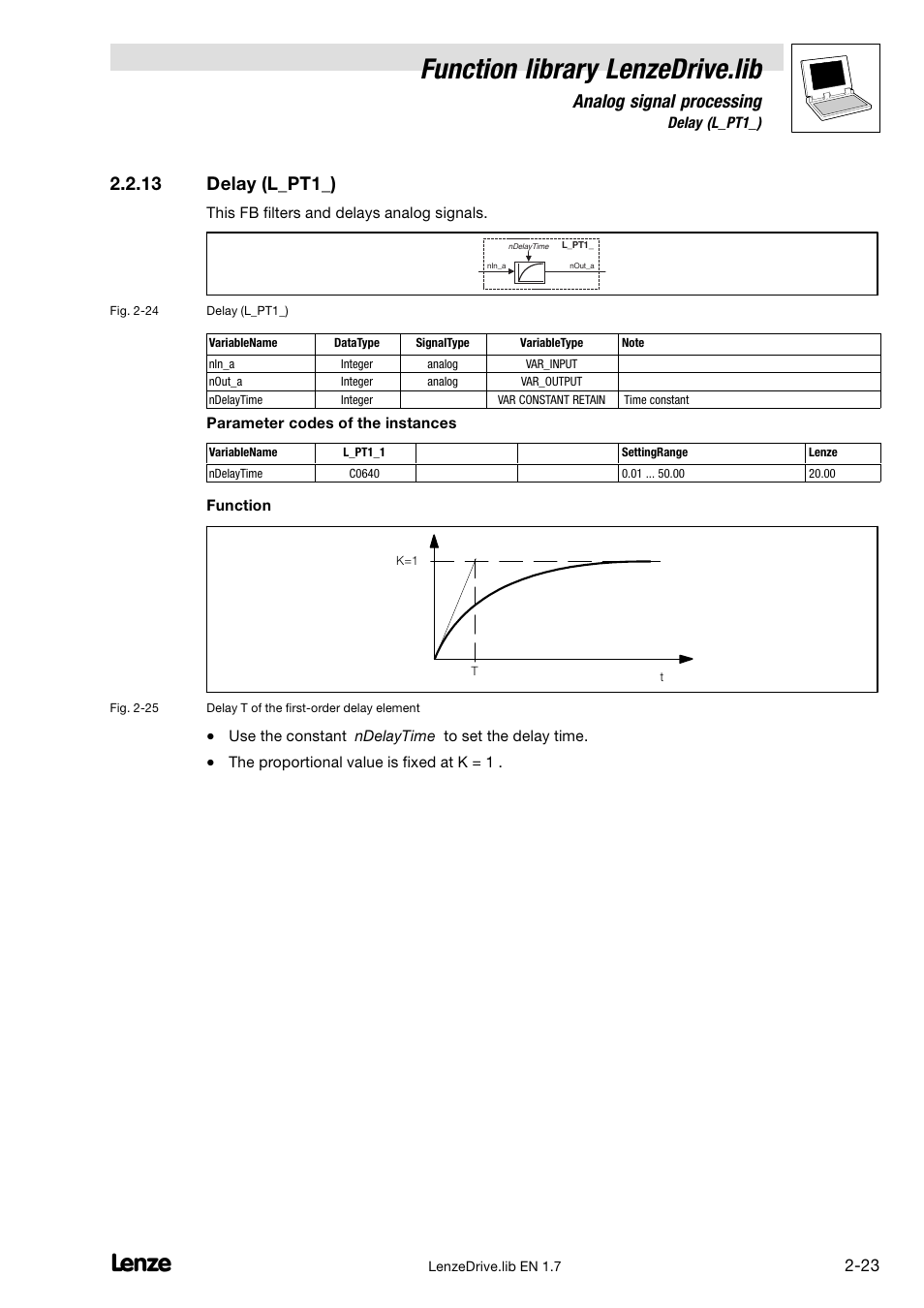 13 delay (l_pt1_), Delay (l_pt1_), Function library lenzedrive.lib | Analog signal processing | Lenze DDS Function library Drive User Manual | Page 33 / 103