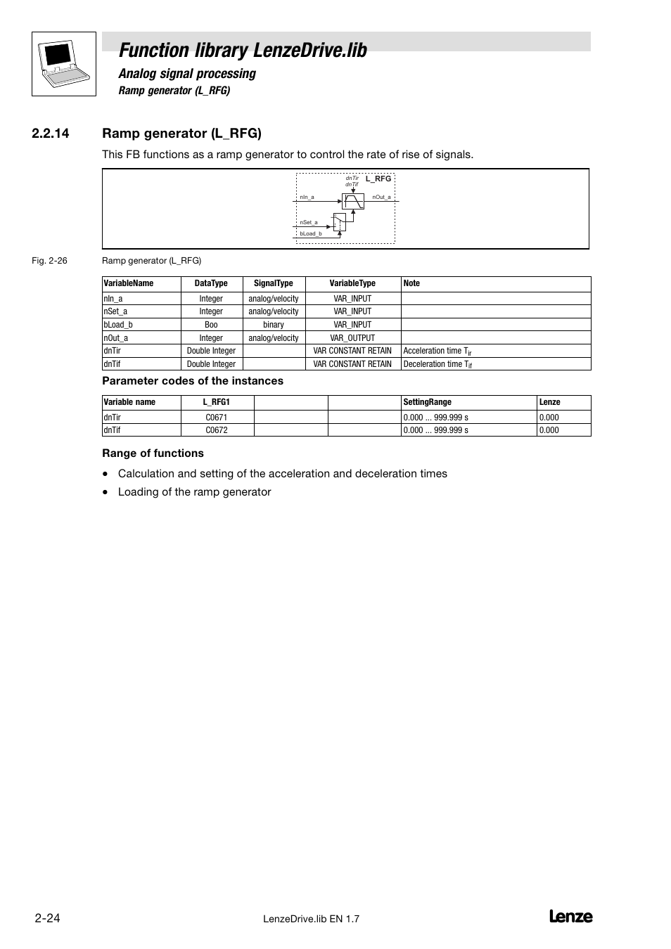 14 ramp generator (l_rfg), Ramp generator (l_rfg), Function library lenzedrive.lib | Analog signal processing | Lenze DDS Function library Drive User Manual | Page 34 / 103