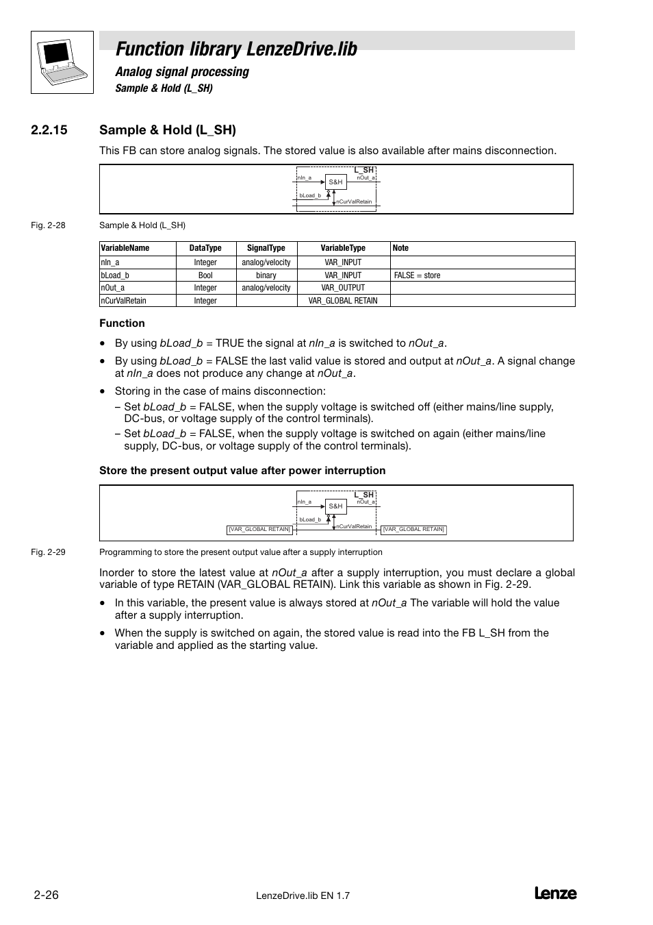 15 sample & hold (l_sh), Sample & hold (l_sh), Function library lenzedrive.lib | Analog signal processing | Lenze DDS Function library Drive User Manual | Page 36 / 103