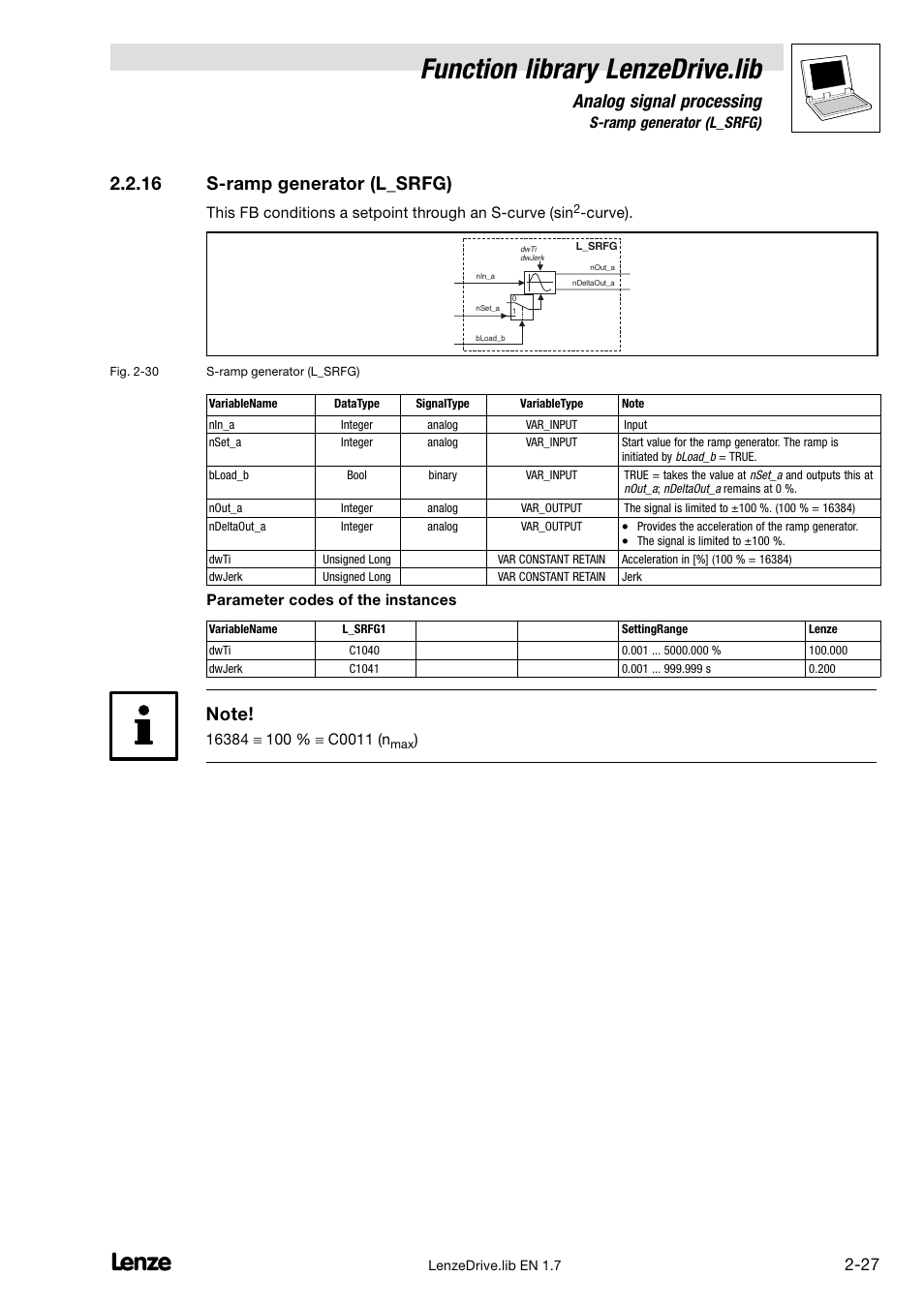 16 s-ramp generator (l_srfg), S−ramp generator (l_srfg), Function library lenzedrive.lib | Analog signal processing, 16 s−ramp generator (l_srfg) | Lenze DDS Function library Drive User Manual | Page 37 / 103