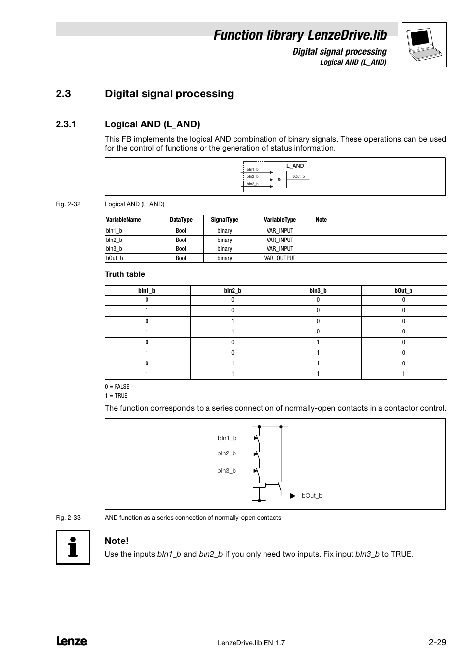 3 digital signal processing, 1 logical and (l_and), Digital signal processing | Logical and (l_and), Function library lenzedrive.lib | Lenze DDS Function library Drive User Manual | Page 39 / 103