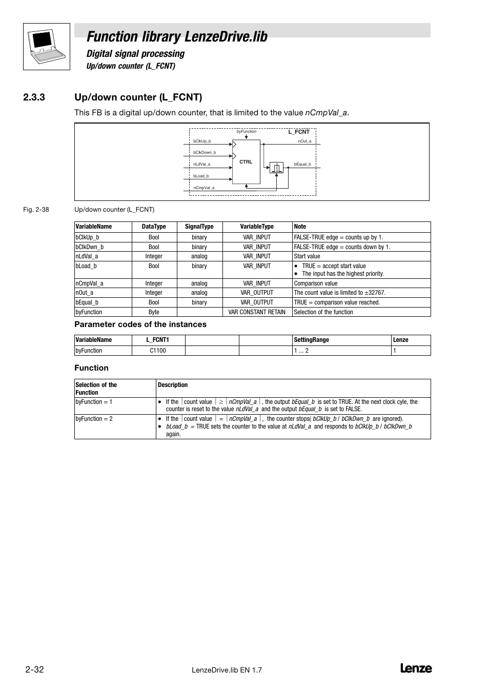 3 up/down counter (l_fcnt), Up/down counter (l_fcnt), Function library lenzedrive.lib | Digital signal processing | Lenze DDS Function library Drive User Manual | Page 42 / 103