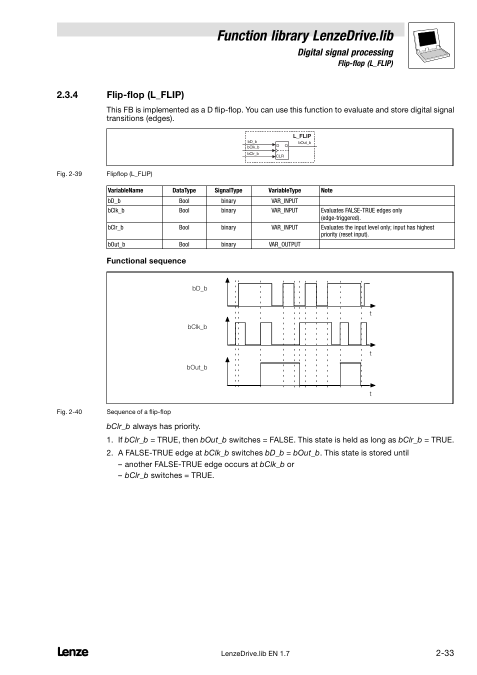 4 flip-flop (l_flip), Flip−flop (l_flip), Function library lenzedrive.lib | Digital signal processing, 4 flip−flop (l_flip) | Lenze DDS Function library Drive User Manual | Page 43 / 103