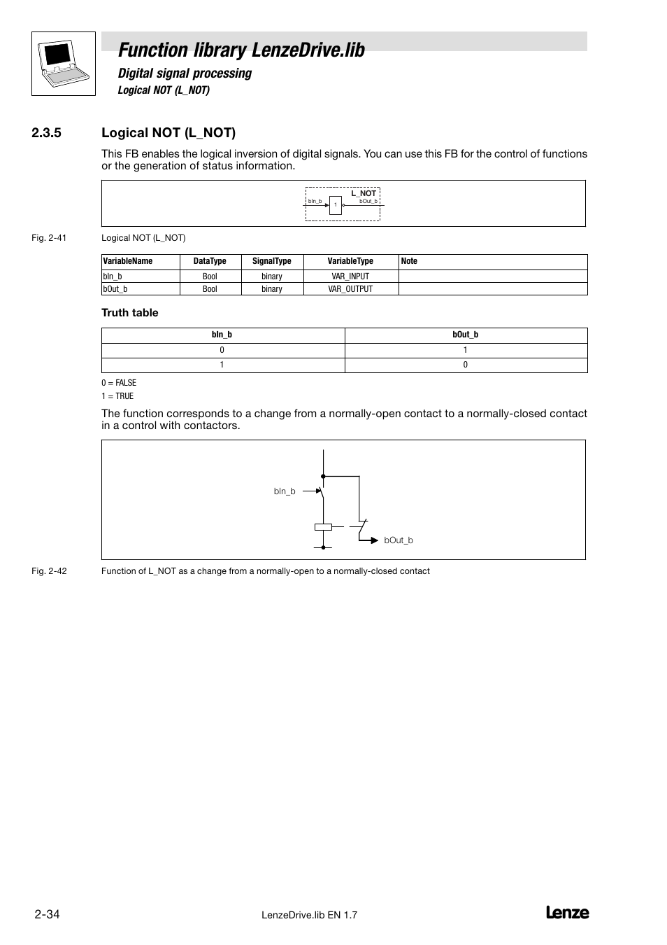5 logical not (l_not), Logical not (l_not), Function library lenzedrive.lib | Digital signal processing | Lenze DDS Function library Drive User Manual | Page 44 / 103