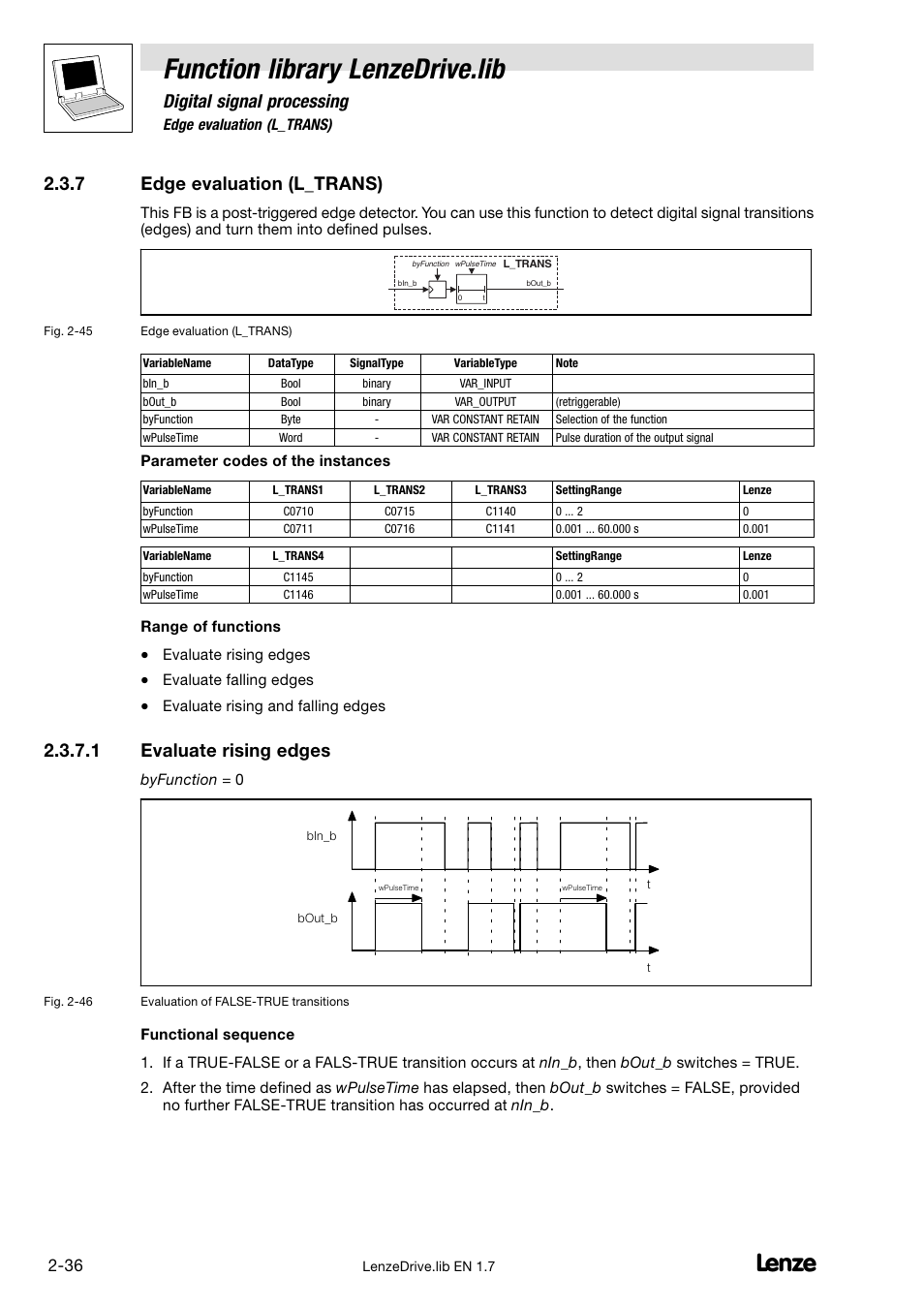 7 edge evaluation (l_trans), Edge evaluation (l_trans), Function library lenzedrive.lib | Digital signal processing, 1 evaluate rising edges | Lenze DDS Function library Drive User Manual | Page 46 / 103