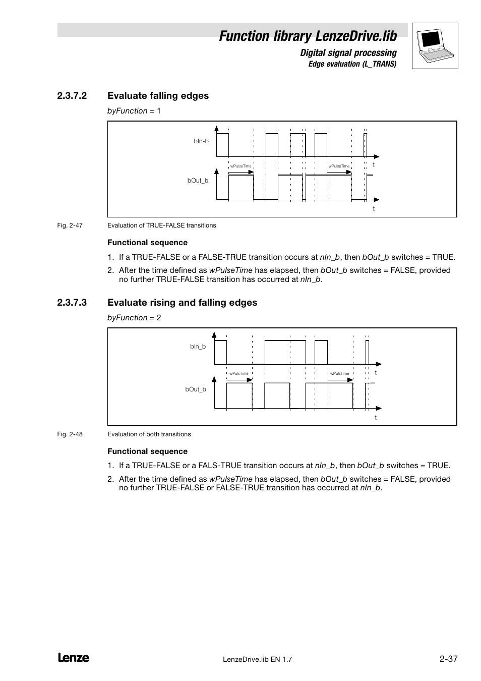 Function library lenzedrive.lib, Digital signal processing, 2 evaluate falling edges | 3 evaluate rising and falling edges | Lenze DDS Function library Drive User Manual | Page 47 / 103