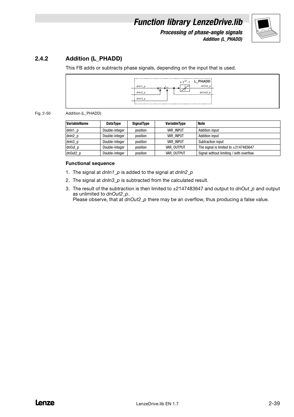 2 addition (l_phadd), Addition (l_phadd), Function library lenzedrive.lib | Processing of phase−angle signals | Lenze DDS Function library Drive User Manual | Page 49 / 103