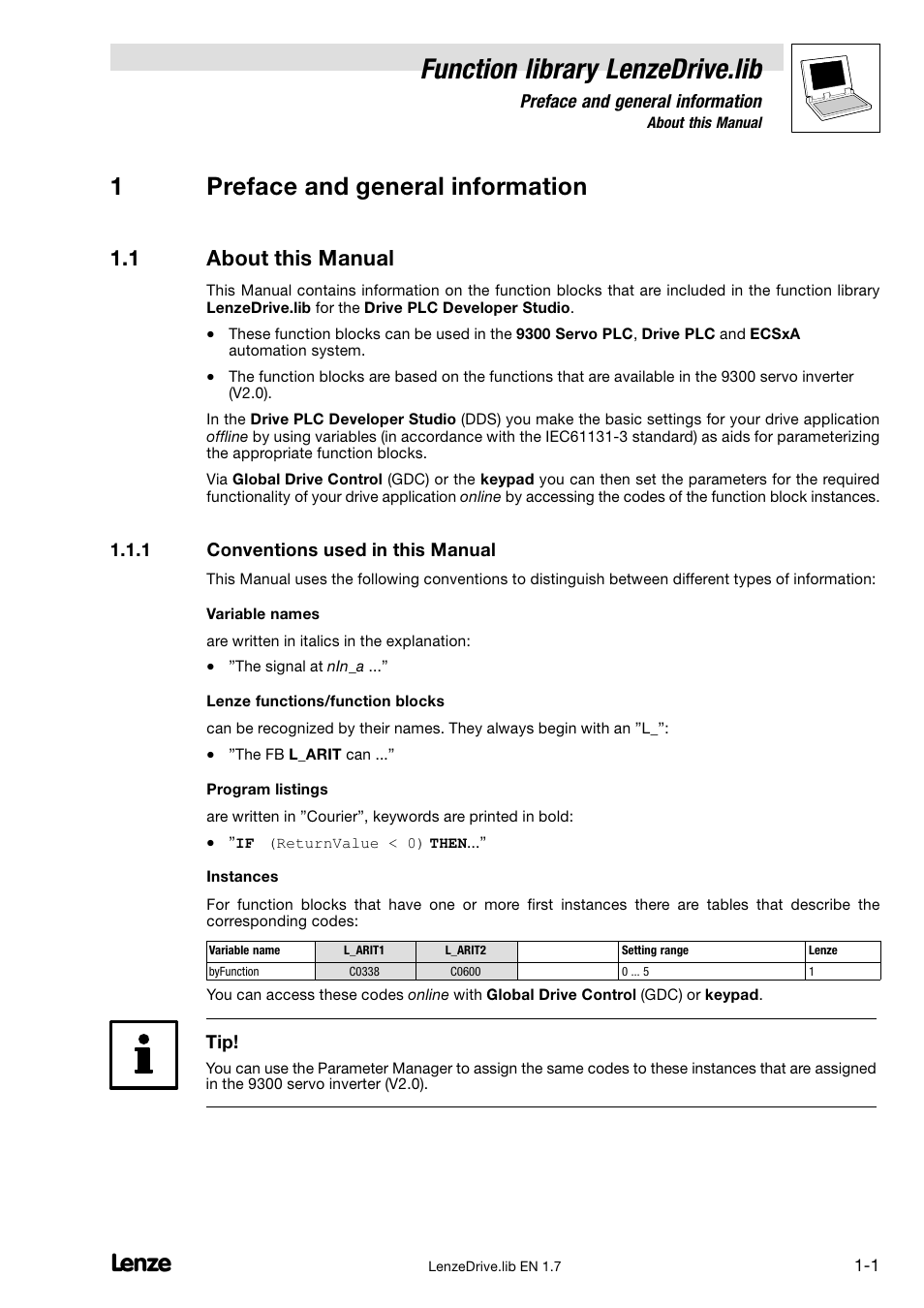 1 preface and general information, 1 about this manual, 1 conventions used in this manual | About this manual, Conventions used in this manual, Function library lenzedrive.lib, 1preface and general information | Lenze DDS Function library Drive User Manual | Page 5 / 103