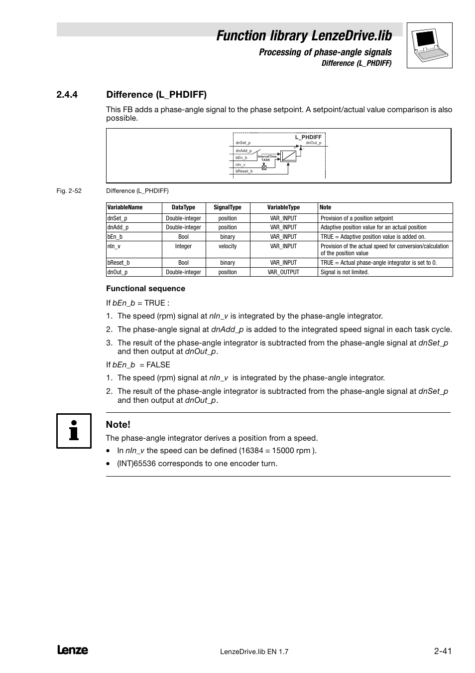 4 difference (l_phdiff), Difference (l_phdiff), Function library lenzedrive.lib | Processing of phase−angle signals | Lenze DDS Function library Drive User Manual | Page 51 / 103