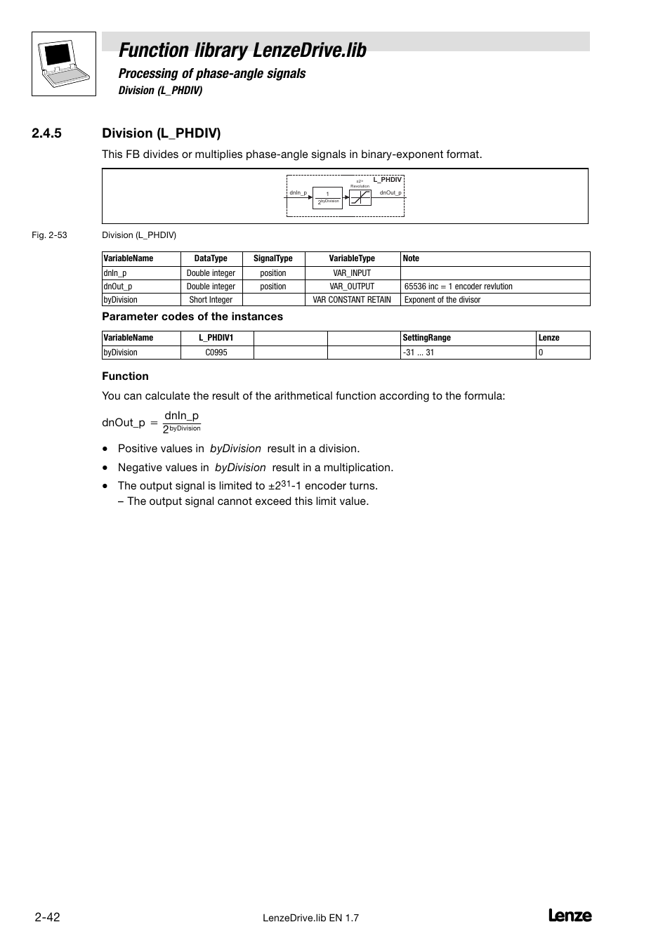 5 division (l_phdiv), Division (l_phdiv), Function library lenzedrive.lib | Processing of phase−angle signals | Lenze DDS Function library Drive User Manual | Page 52 / 103