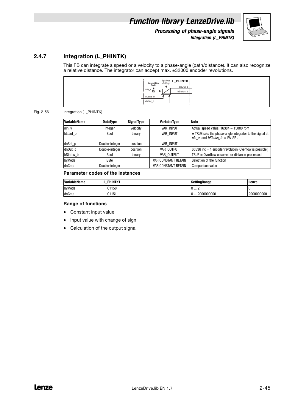 7 integration (l_phintk), Integration (l_phintk), Function library lenzedrive.lib | Processing of phase−angle signals | Lenze DDS Function library Drive User Manual | Page 55 / 103