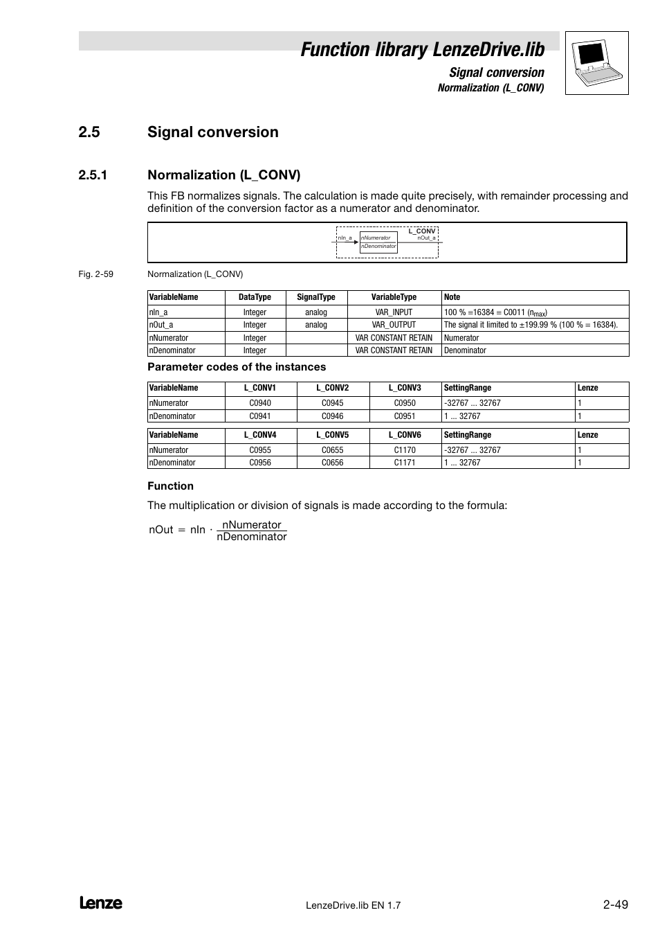 5 signal conversion, 1 normalization (l_conv), Signal conversion | Normalization (l_conv), Function library lenzedrive.lib | Lenze DDS Function library Drive User Manual | Page 59 / 103