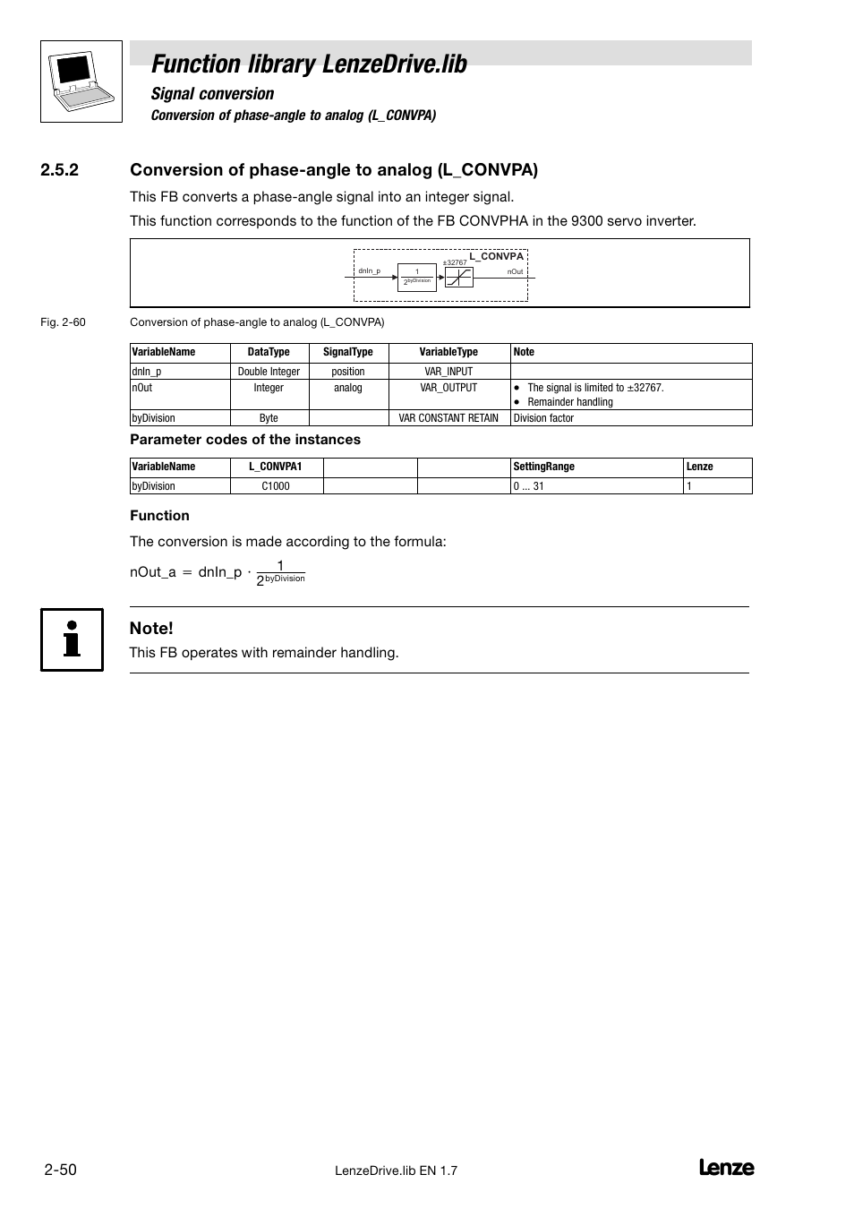 2 conversion of phase-angle to analog (l_convpa), Conversion of phase−angle to analog (l_convpa), Function library lenzedrive.lib | Signal conversion, 2 conversion of phase−angle to analog (l_convpa) | Lenze DDS Function library Drive User Manual | Page 60 / 103